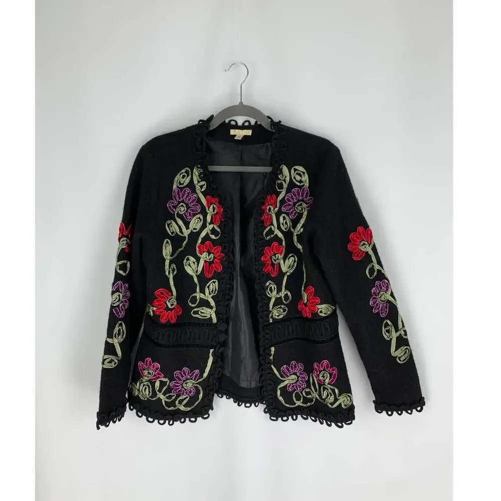 Carson Vintage Wool Floral Ribbon Open Cardigan Sweater Womens Medium Black Red